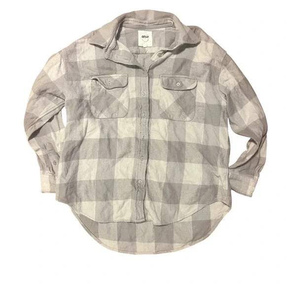 Aerie Women's Oversized Gray White Plaid Flannel Shirt Button Down- Size XS - Picture 2 of 8